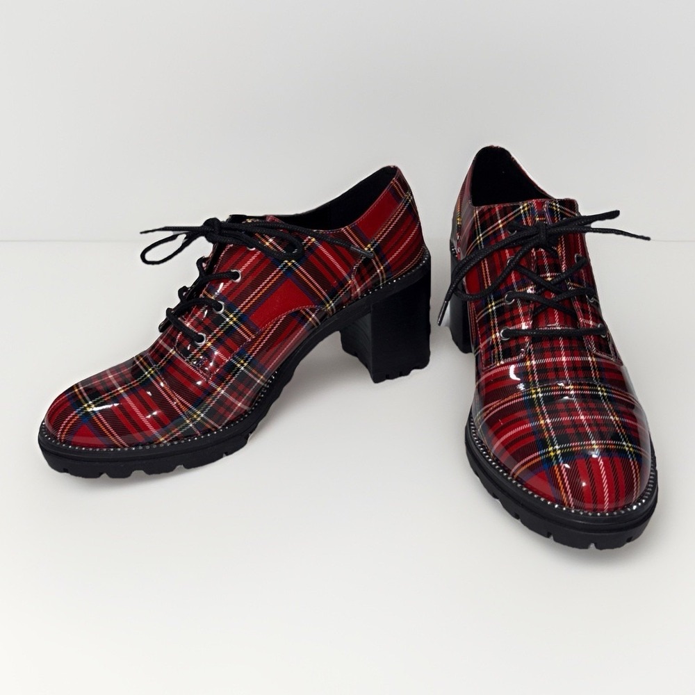 Jessica Simpson Resina Plaid Oxford Heels Chunky Platform Lug Sole Red 10M